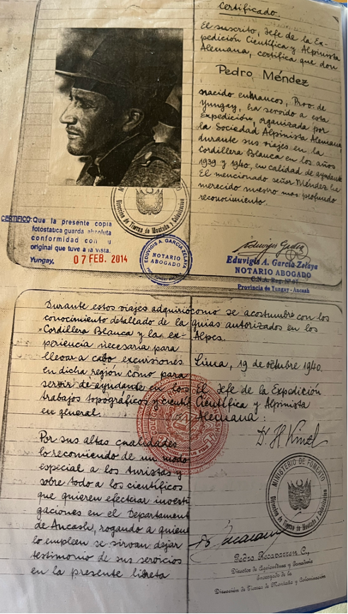 The first mountain guide logbook of Peru, certifying Pedro Méndez as the country’s first mountain guide.
